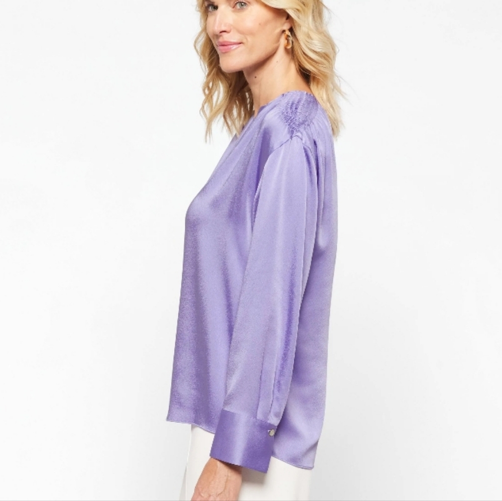 Vince V-Neck Smocked Shoulder Satin Blouse
